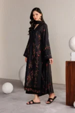 Iznik Embroidered Lawn Suit IBE-11 black Pakistani lawn suit with chiffon dupatta and organza embroidery, side look