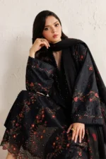 Iznik Embroidered Lawn Suit IBE-11 black Pakistani lawn suit with chiffon dupatta and organza embroidery, sleeves closeup
