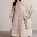 Iznik Embroidered Lawn Suit IBE-12 pink Pakistani lawn suit with chiffon dupatta and organza embroidery, full front look