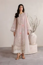 Iznik Embroidered Lawn Suit IBE-12 pink Pakistani lawn suit with chiffon dupatta and organza embroidery, full front look