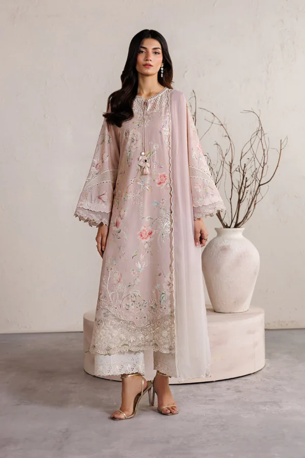 Iznik Embroidered Lawn Suit IBE-12 pink Pakistani lawn suit with chiffon dupatta and organza embroidery, full front look