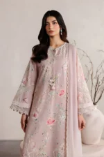 Iznik Embroidered Lawn Suit IBE-12 pink Pakistani lawn suit with chiffon dupatta and organza embroidery, front kameez closeup