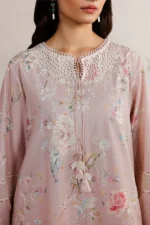 Iznik Embroidered Lawn Suit IBE-12 pink Pakistani lawn suit with chiffon dupatta and organza embroidery, front shirt neck design close look
