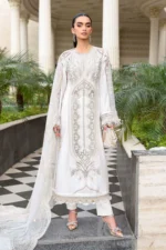 Maria B Embroidered Jacquard Lawn Suit EL-26-01 off white 3 piece Pakistani jacquard lawn suit UK Eid party outfit, full front look
