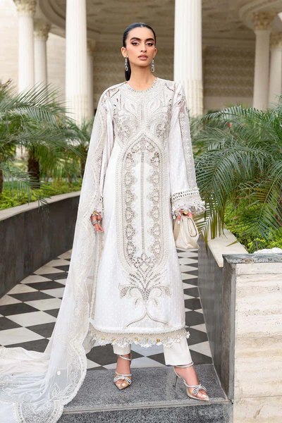 Maria B Embroidered Jacquard Lawn Suit EL-26-01 off white 3 piece Pakistani jacquard lawn suit UK Eid party outfit, full front look