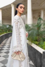 Maria B Embroidered Jacquard Lawn Suit EL-26-01 off white 3 piece Pakistani jacquard lawn suit UK Eid party outfit, side look
