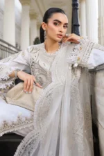 Maria B Embroidered Jacquard Lawn Suit EL-26-01 off white 3 piece Pakistani jacquard lawn suit UK Eid party outfit, dupatta borders close look