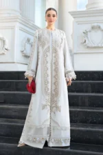 Maria B Embroidered Jacquard Lawn Suit EL-26-01 off white 3 piece Pakistani jacquard lawn suit UK Eid party outfit, front salwar, kameez and dupatta
