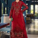 Maria B Embroidered Jacquard Lawn Suit EL-26-05 red 3 piece Pakistani jacquard lawn suit UK Eid party outfit, full front look