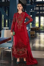Maria B Embroidered Jacquard Lawn Suit EL-26-05 red 3 piece Pakistani jacquard lawn suit UK Eid party outfit, full front look
