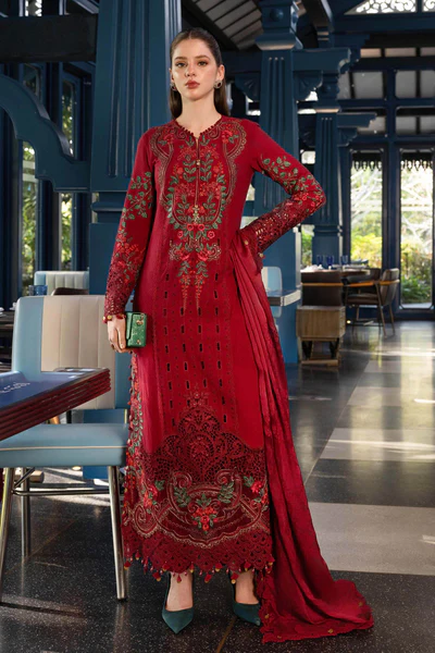Maria B Embroidered Jacquard Lawn Suit EL-26-05 red 3 piece Pakistani jacquard lawn suit UK Eid party outfit, full front look