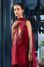 Maria B Embroidered Jacquard Lawn Suit EL-26-05 red 3 piece Pakistani jacquard lawn suit UK Eid party outfit, side look