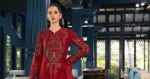 Maria B Embroidered Jacquard Lawn Suit EL-26-05 red 3 piece Pakistani jacquard lawn suit UK Eid party outfit, front shirt close look
