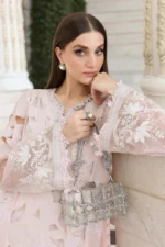 Maria B Embroidered Lawn Suit EL-26-02 pink 3 piece Pakistani lawn suit UK Eid party outfit, front sleeves close look