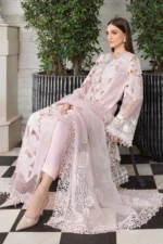 Maria B Embroidered Lawn Suit EL-26-02 pink 3 piece Pakistani lawn suit UK Eid party outfit, side look with dupatta closeup