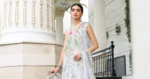 Maria B Embroidered Lawn Suit EL-26-03 off white 3 piece Pakistani lawn suit UK Eid party outfit, front shirt closeup