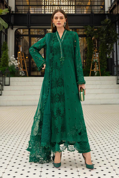 Maria B Embroidered Lawn Suit EL-26-04 emerald green 3 piece Pakistani lawn suit UK Eid party outfit, full front look