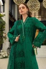 Maria B Embroidered Lawn Suit EL-26-04 emerald green 3 piece Pakistani lawn suit UK Eid party outfit, front kameez closeup