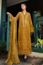 Maria B Embroidered Lawn Suit EL-26-07 mustard 3 piece Pakistani lawn suit UK Eid party outfit, full front look
