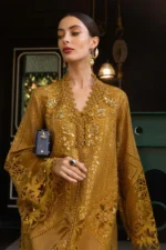 Maria B Embroidered Lawn Suit EL-26-07 mustard 3 piece Pakistani lawn suit UK Eid party outfit, shirt neck design close look