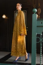 Maria B Embroidered Lawn Suit EL-26-07 mustard 3 piece Pakistani lawn suit UK Eid party outfit, side look