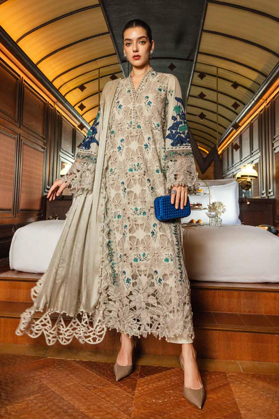 Maria B Embroidered Lawn Suit EL-26-08 coffee 3 piece Pakistani lawn suit UK Eid party outfit, full front look