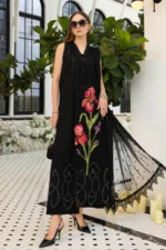 Maria B Embroidered Lawn Suit EL-26-10 embroidered organza net dupatta black Pakistani lawn suit UK, full front look