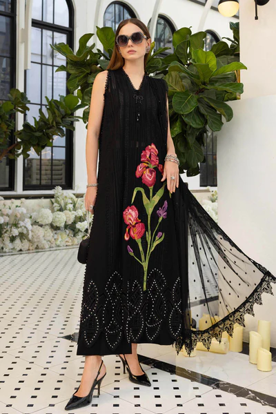 Maria B Embroidered Lawn Suit EL-26-10 embroidered organza net dupatta black Pakistani lawn suit UK, full front look