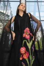 Maria B Embroidered Lawn Suit EL-26-10 embroidered organza net dupatta black Pakistani lawn suit UK, front kamez closeup
