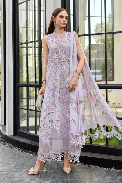 Maria B Embroidered Lawn Suit EL-26-12 lilac Pakistani designer 3 piece lawn suit UK with silk dupatta. full front look