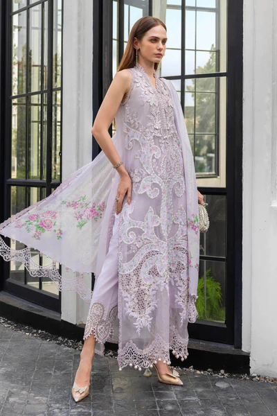 Maria B Embroidered Lawn Suit EL-26-12 lilac Pakistani designer 3 piece lawn suit UK with silk dupatta, side look