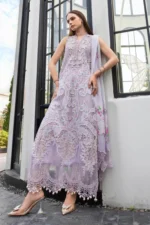 Maria B Embroidered Lawn Suit EL-26-12 lilac Pakistani designer 3 piece lawn suit UK with silk dupatta, front kameez cloeup