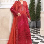 Maria B Embroidered Lawn Suit EL-26-13 rust Pakistani designer 3 piece lawn suit UK with burnout silk dupatta, full front look