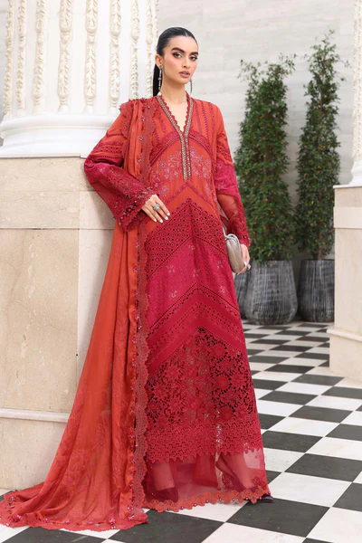 Maria B Embroidered Lawn Suit EL-26-13 rust Pakistani designer 3 piece lawn suit UK with burnout silk dupatta, full front look
