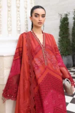 Maria B Embroidered Lawn Suit EL-26-13 in rich rust tones with elegant embroidered organza detailing. A luxury Pakistani Eid outfit featuring burnout silk dupatta and sophisticated festive embroidery kameez neck design