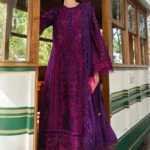 Maria B Embroidered Lawn Suit EL-26-14 purple Pakistani designer 3 piece lawn suit UK with burnout silk dupatta, full front look