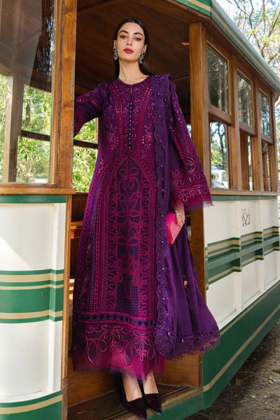Maria B Embroidered Lawn Suit EL-26-14 purple Pakistani designer 3 piece lawn suit UK with burnout silk dupatta, full front look