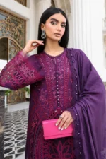 Maria B Embroidered Lawn Suit EL-26-14 purple Pakistani designer 3 piece lawn suit UK with burnout silk dupatta, kameez front closeup