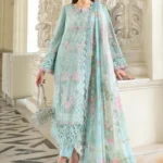 Maria B Embroidered Lawn Suit EL-26-15 sky blue Pakistani designer 3 piece lawn suit UK with chiffon dupatta, fulll front look