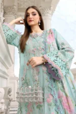 Maria B Embroidered Lawn Suit EL-26-15 sky blue Pakistani designer 3 piece lawn suit UK with chiffon dupatta, kammez front look