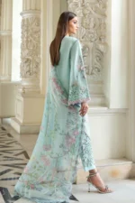 Maria B Embroidered Lawn Suit EL-26-15 sky blue Pakistani designer 3 piece lawn suit UK with chiffon dupatta, back look with dupatta closeup