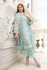 Maria B Embroidered Lawn Suit EL-26-15 sky blue Pakistani designer 3 piece lawn suit UK with chiffon dupatta, kameez front closeup