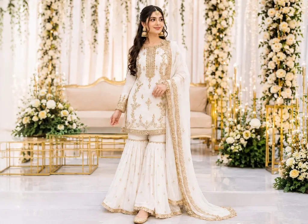 A girl wearing maria b chiffon dress for nikkah wedding guest in uk