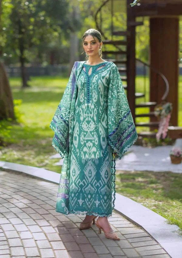 Elaf Bridgerton Prints EPB-1A NIA MARE digital printed lawn suit with voile dupatta and cambric trouser UK, full front look