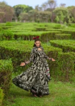 Elaf Bridgerton Prints EPB-1B REGINA digital printed lawn suit with voile dupatta and cambric trouser UK, front frock anarkali style look