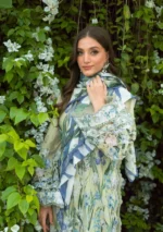 Elaf Bridgerton Prints EPB-2A Garden Affair digital printed lawn suit with voile dupatta and cambric trouser UK, front kameez closeup