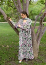 Elaf Bridgerton Prints EPB-3A ELVIRA digital printed lawn suit with voile dupatta and cambric trouser UK, front kameez and sleeves close look