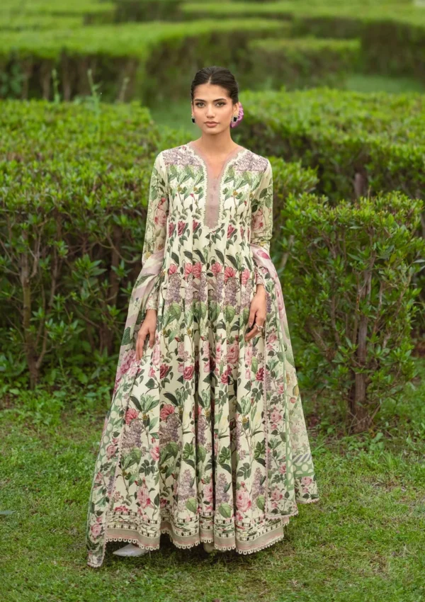 Elaf Bridgerton Prints EPB-3B PETALINE digital printed lawn suit with voile dupatta and cambric trouser UK, full front look