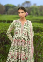 Elaf Bridgerton Prints EPB-3B PETALINE digital printed lawn suit with voile dupatta and cambric trouser UK, front kameez neck design closeup