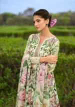 Elaf Bridgerton Prints EPB-3B PETALINE digital printed lawn suit with voile dupatta and cambric trouser UK, front kameez and sleeves close look